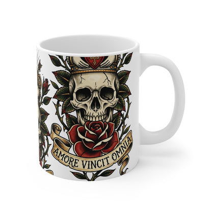 AVO - V2 #2 Claddagh Crown - 11oz Mug Ambi Handle - Skull & Rose Ceramic Mug — 'Amor Vincit Omnia' Gothic Tattoo Coffee Cup (11 oz)