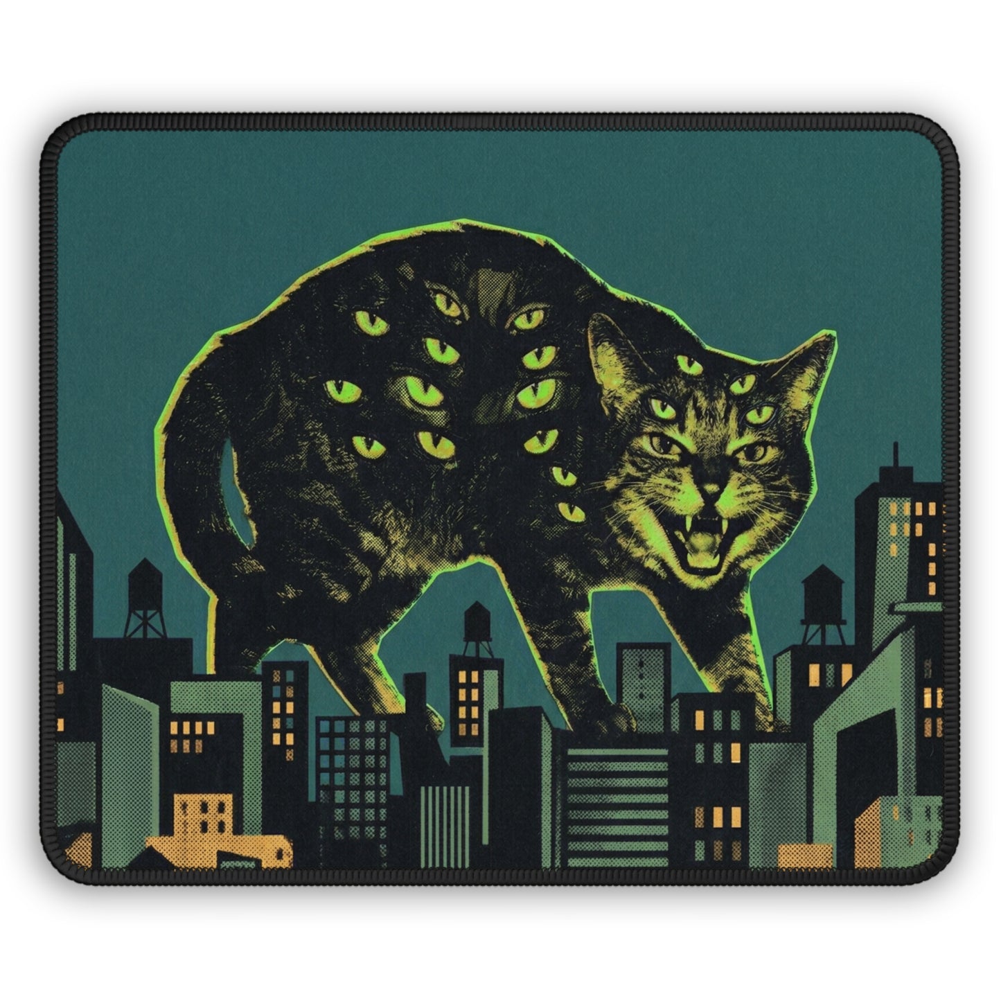 CityCat - Green Collage Poster - Retro Monster Cat Gaming Mouse Pad — Neon Multi-Eyed Cat Over Cityscape