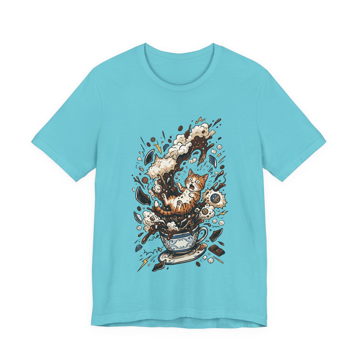 VOID - Cat Coffee Splash T‑Shirt — Cute Kitten Popping Out of Exploding Coffee Cup Tee