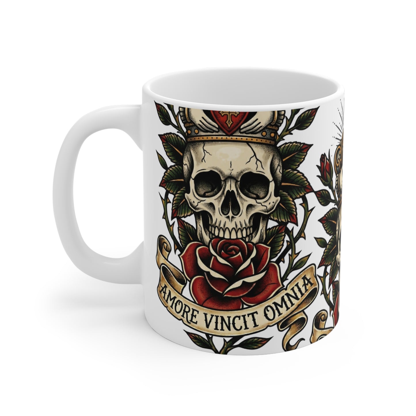 AVO - V2 #2 Claddagh Crown - 11oz Mug Ambi Handle - Skull & Rose Ceramic Mug — 'Amor Vincit Omnia' Gothic Tattoo Coffee Cup (11 oz)