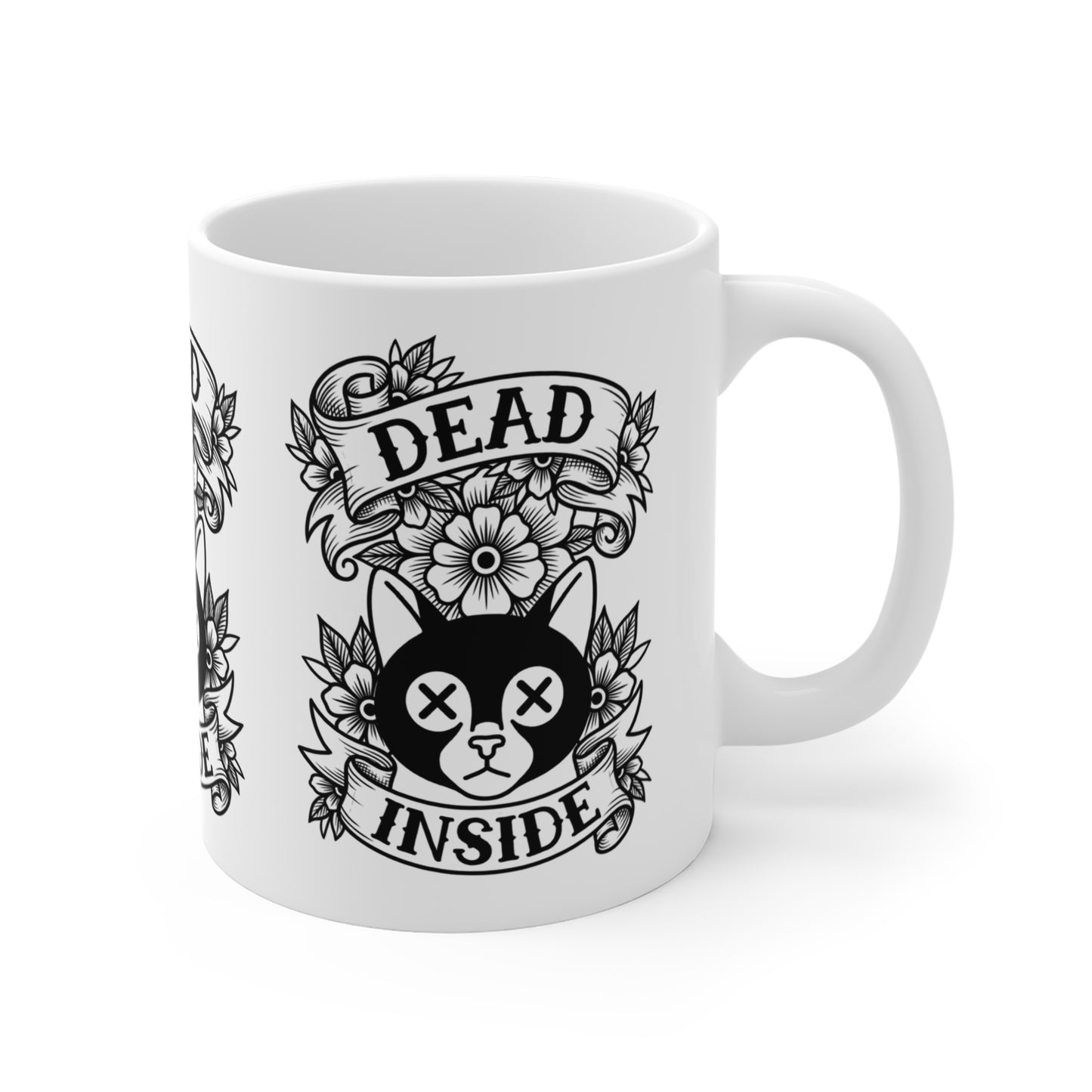 VOID - Dead Inside Cat Mug — Gothic Floral Tattoo 11oz Coffee Cup