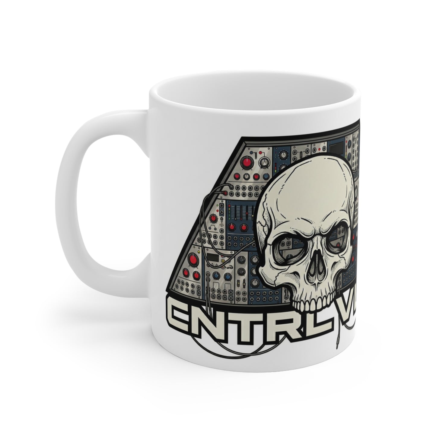 CV Control Coltage TriBase White/Grey - 11oz Mug Ambi Handle — Skull & Modular Analog Synthesizer 'CNTRLVLTG' Electronic Music Coffee Mug
