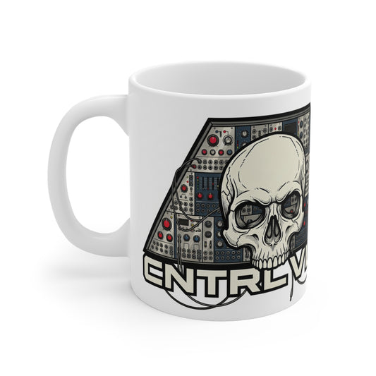 CV Control Coltage TriBase White/Grey - 11oz Mug Ambi Handle — Skull & Modular Analog Synthesizer 'CNTRLVLTG' Electronic Music Coffee Mug