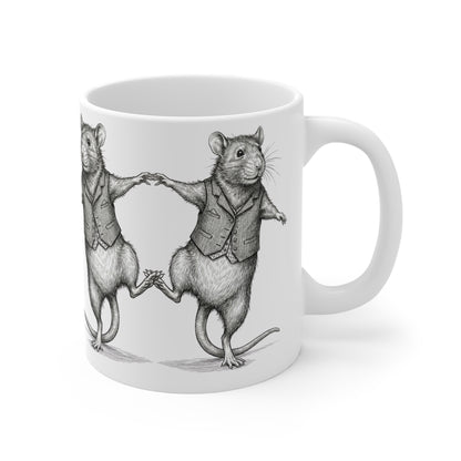 Ratney - Just A Little Dance - 11oz Mug Ambi Handle - Cute Adorable Dancing Rats – Whimsical Vintage Rodent Illustration