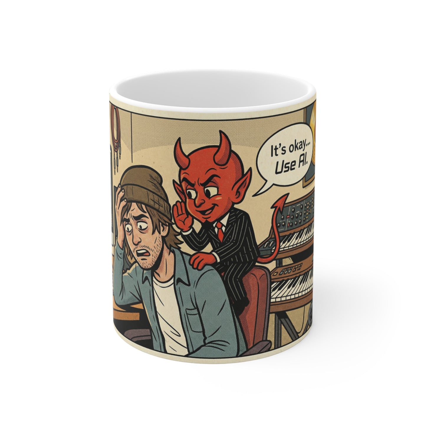 Use AI - 11oz Mug Left Handle — Controversial Musician "It’s Okay, Use AI" Music Producer Devil Comic Design