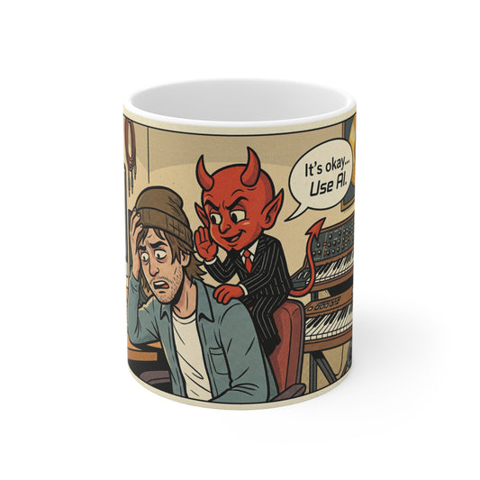 Use AI - 11oz Mug Left Handle — Controversial Musician "It’s Okay, Use AI" Music Producer Devil Comic Design