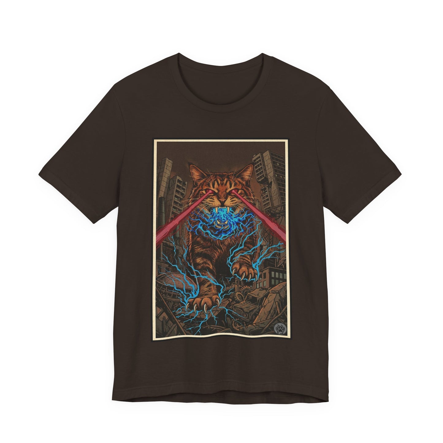 CityCat Attacks! Dark with Red Lasers - Tiger Kitty Kaiju Tee — Laser-Eyed Monster Cityscape T-Shirt