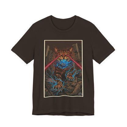 CityCat Attacks! Dark with Red Lasers - Tiger Kitty Kaiju Tee — Laser-Eyed Monster Cityscape T-Shirt