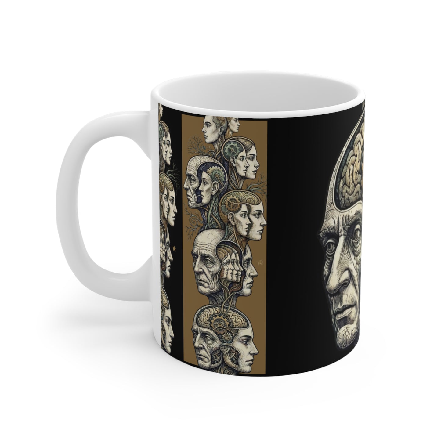 Family Of Thought - New Design 1 - 11oz Mug Ambi Handle - Anatomical Brain Gear Mug — Vintage Steampunk Heads Coffee Cup (11oz)
