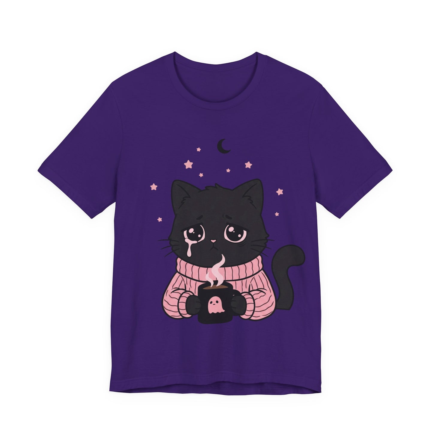 VOID - Cute Sad Black Cat Holding Hot Coffee T‑Shirt — Cozy Pink Sweater Kitty Tee