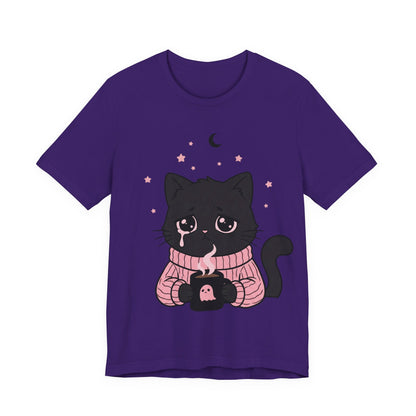 VOID - Cute Sad Black Cat Holding Hot Coffee T‑Shirt — Cozy Pink Sweater Kitty Tee