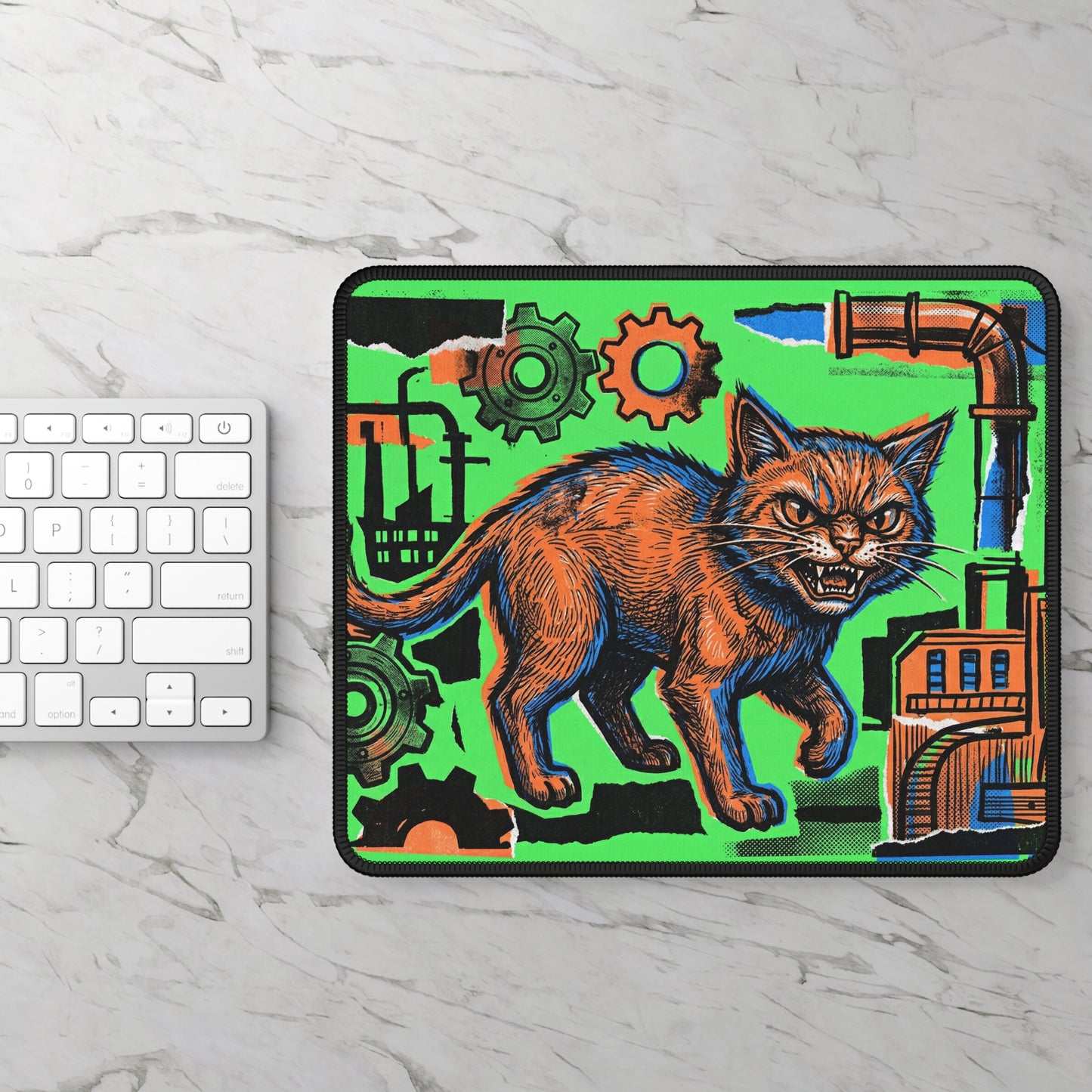 IndustrialCat - Green Collage Poster - Gaming Mouse Pad — Retro Industrial Angry Cat Design