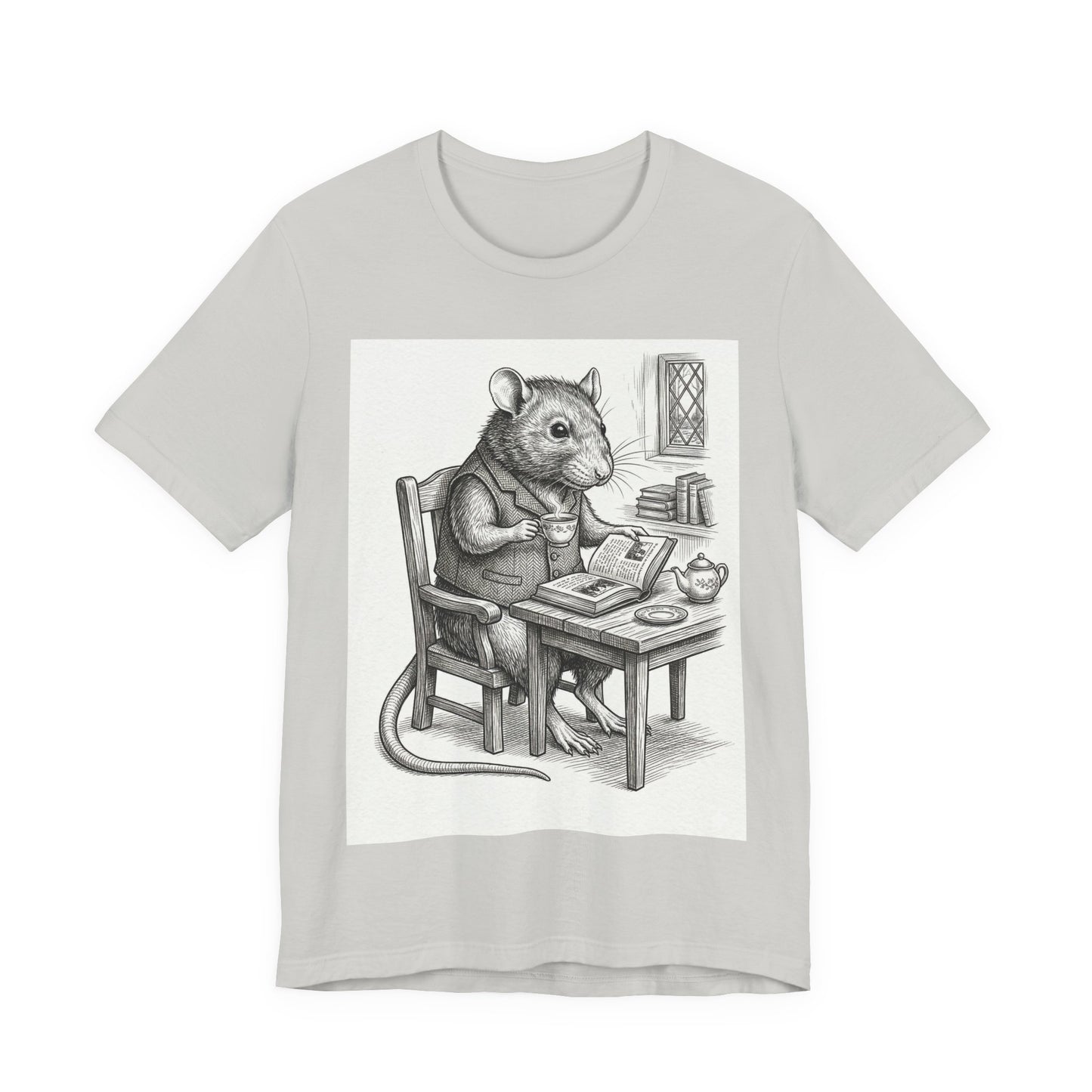 Ratney - "Cup of Tea & A Good Book" - Rodent Scholar T‑Shirt — Vintage Style Illustration of a Reading Rat with Tea