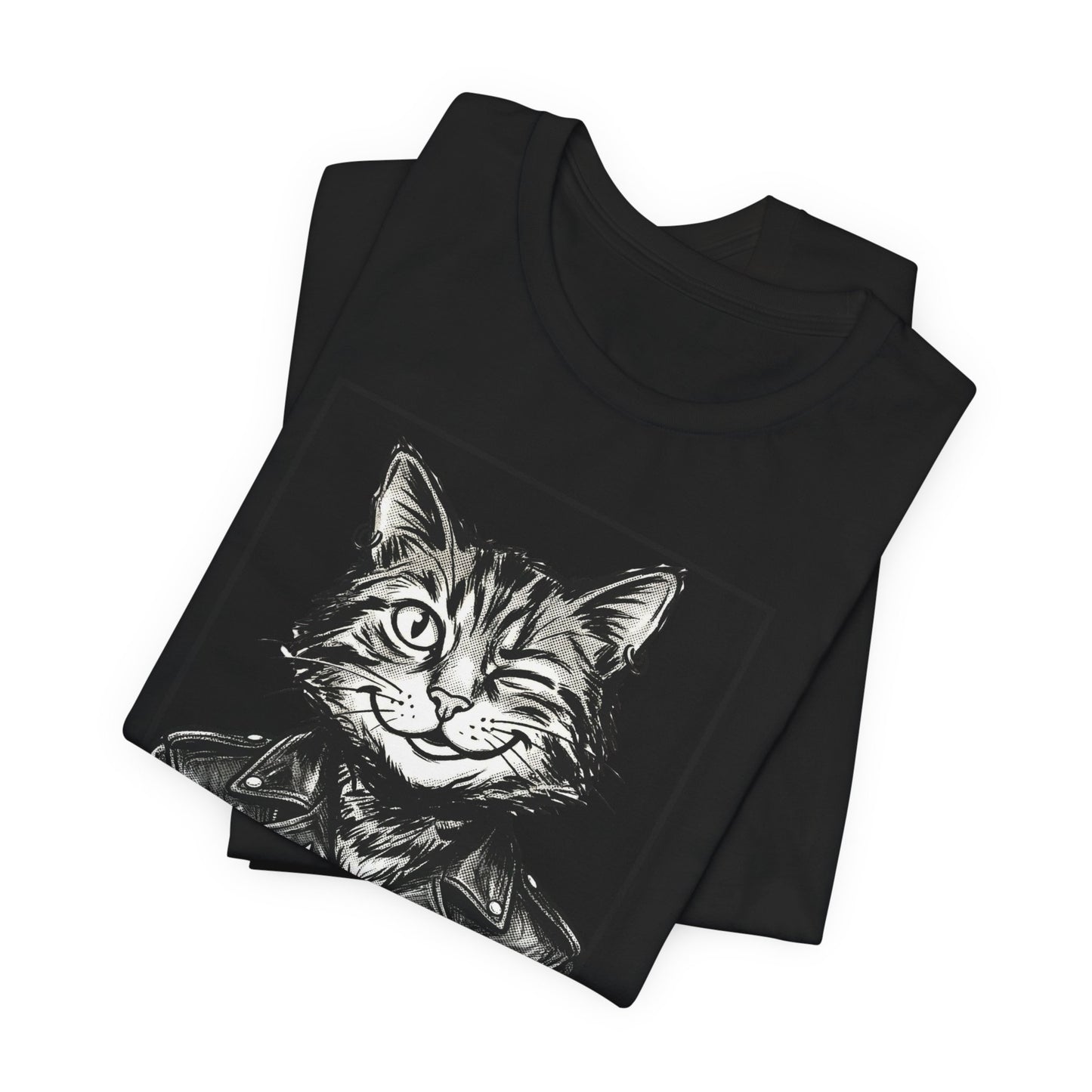 WinkyCat - Leather Jacket & Snarky Gesture - Cat Biker Tee — Grinning Cat in Leather Jacket Graphic T-Shirt