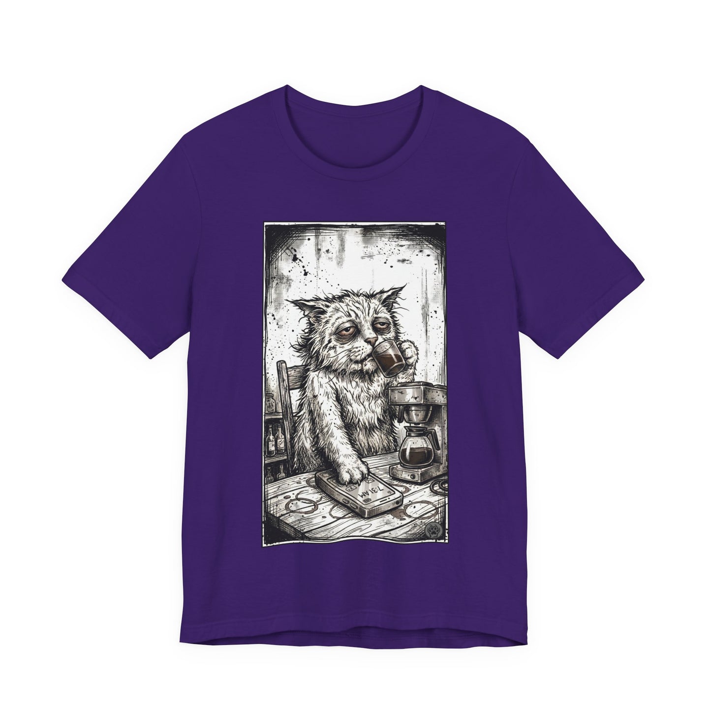 Scraps "GFM" - Cat Drinking Coffee T-Shirt — Tired Depressed Cat Graphic Tee