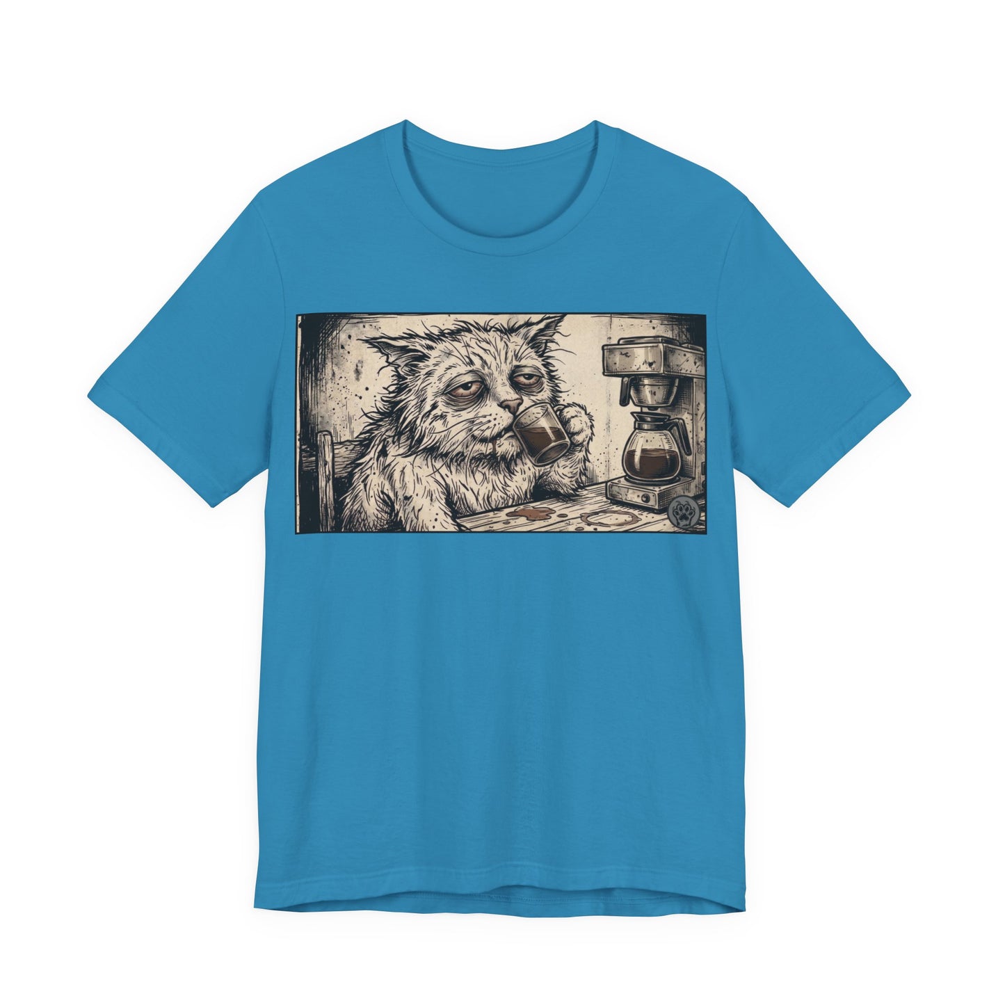 Scraps "GFM" Horizontal - Cat Drinking Coffee T‑Shirt — Vintage Sketch Tired Depressed Cat Drinking Coffee Graphic Tee