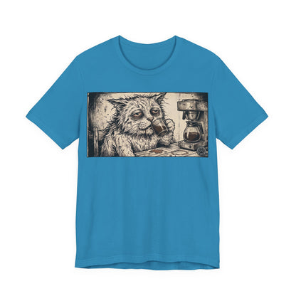 Scraps "GFM" Horizontal - Cat Drinking Coffee T‑Shirt — Vintage Sketch Tired Depressed Cat Drinking Coffee Graphic Tee