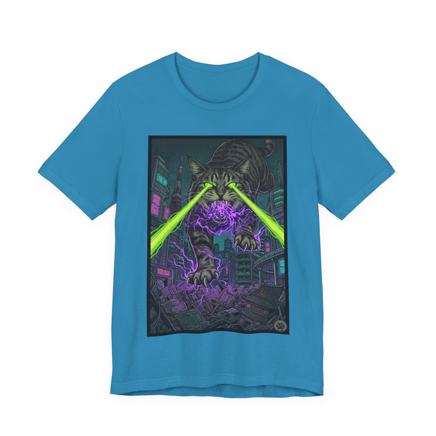 City Cat Attacks! - Multicolored Magic T‑Shirt — Neon Sci‑Fi Alley Graphic Tee
