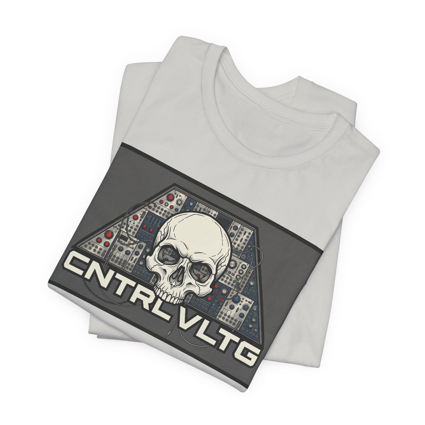 CV Control Voltage - TriBase Grey - Skull Modular Synth Analog Circuit 'CNTRL VLTG' Graphic Tee - Retro Tech Skull T-Shirt