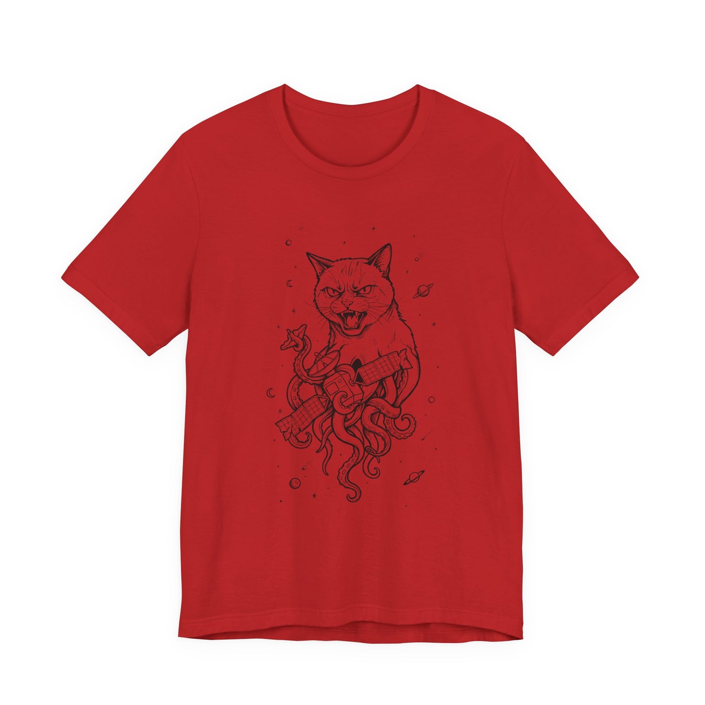 AlienCat In Space - Black Outline - Cat Kraken Illustration T-Shirt — Nautical Mythical Cat with Octopus Tentacles Tee