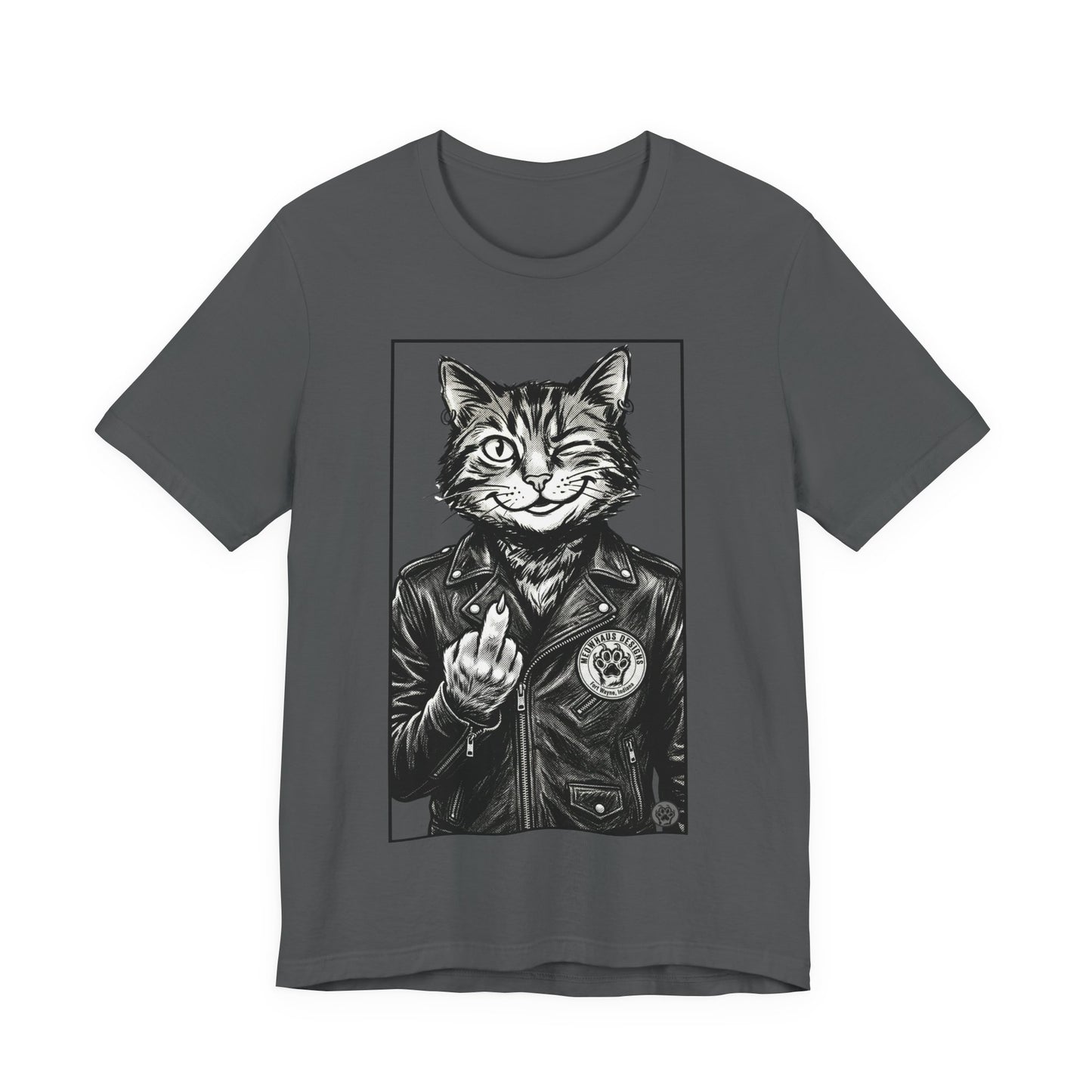 WinkyCat - Leather Jacket & Snarky Gesture - Cat Biker Tee — Grinning Cat in Leather Jacket Graphic T-Shirt
