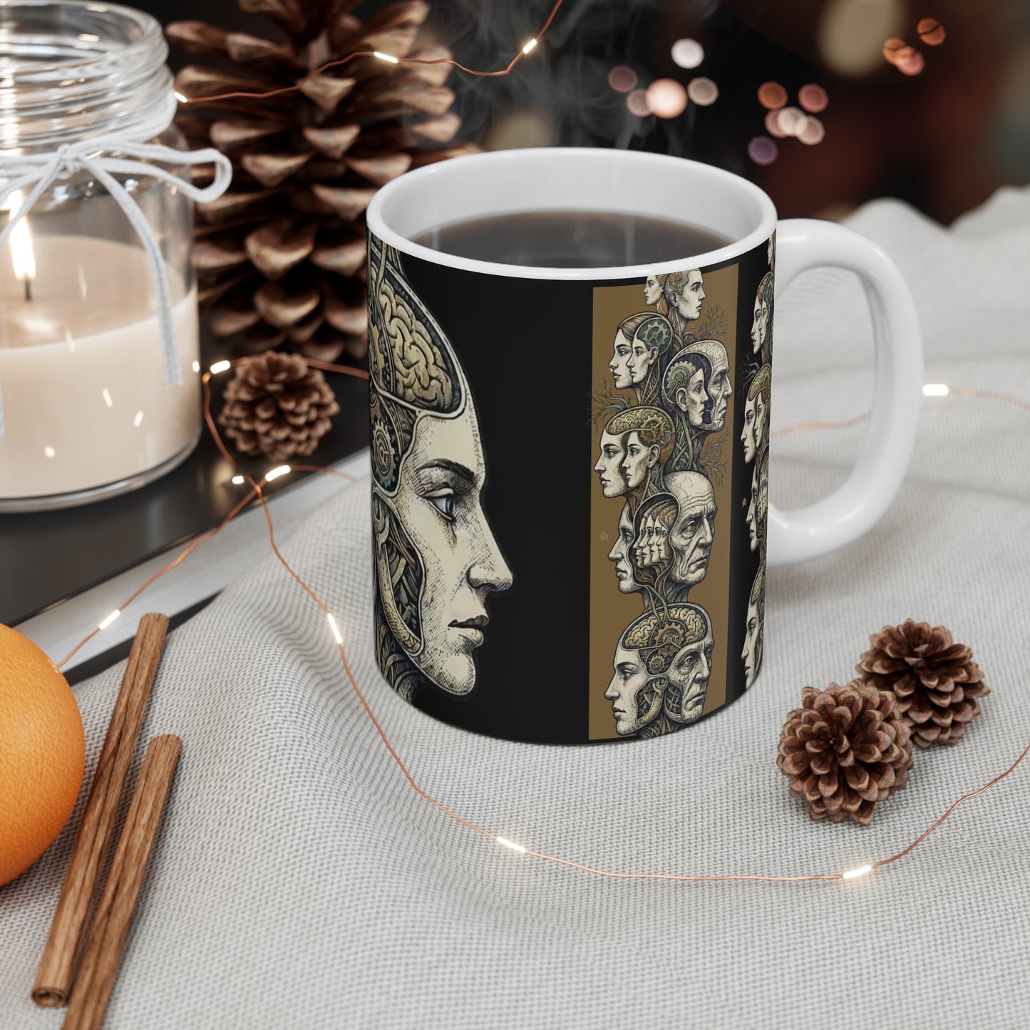 Family Of Thought - New Design 1 - 11oz Mug Ambi Handle - Anatomical Brain Gear Mug — Vintage Steampunk Heads Coffee Cup (11oz)