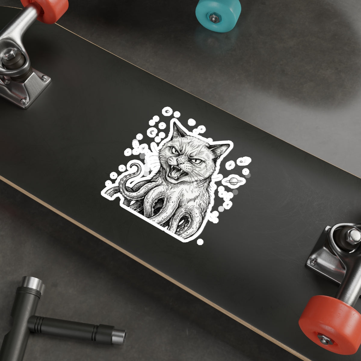 AlienCat In Space! - Mutant Creature Die-Cut Sticker — Black & White Gothic Cat with Octopus Tentacles