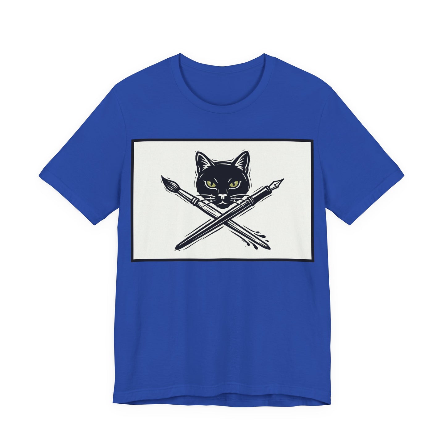 Creative Cat T‑Shirt – Black Cat with Crossed Paintbrush & Pen Graphic