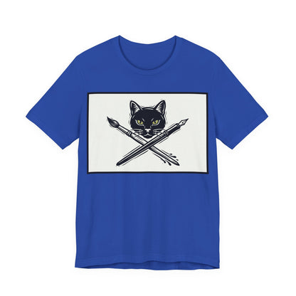 Creative Cat T‑Shirt – Black Cat with Crossed Paintbrush & Pen Graphic