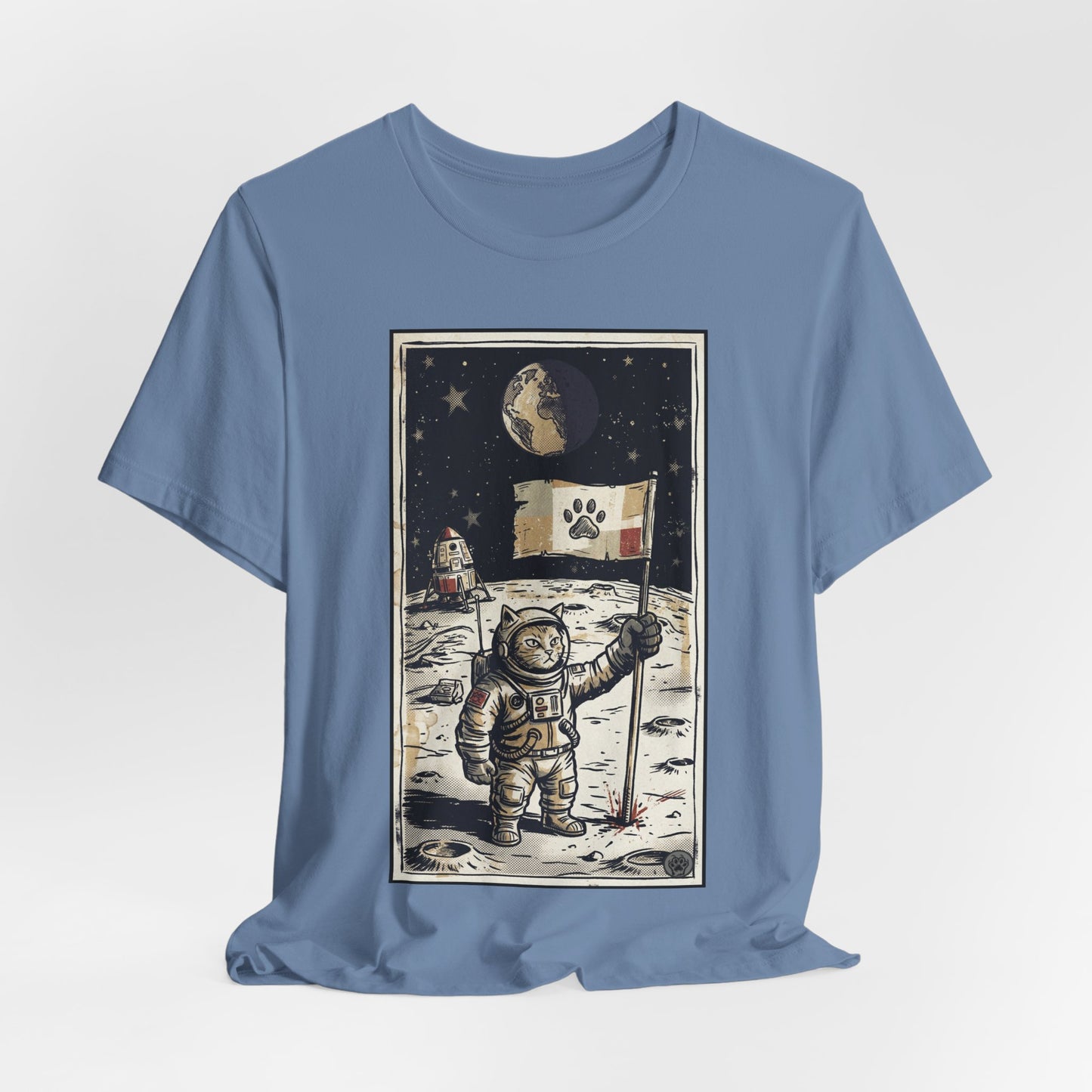 SpaceCat - Conquers The Moon! - Astronaut Cat Moon T-Shirt — Vintage Styled Space Kitty Flag Tee