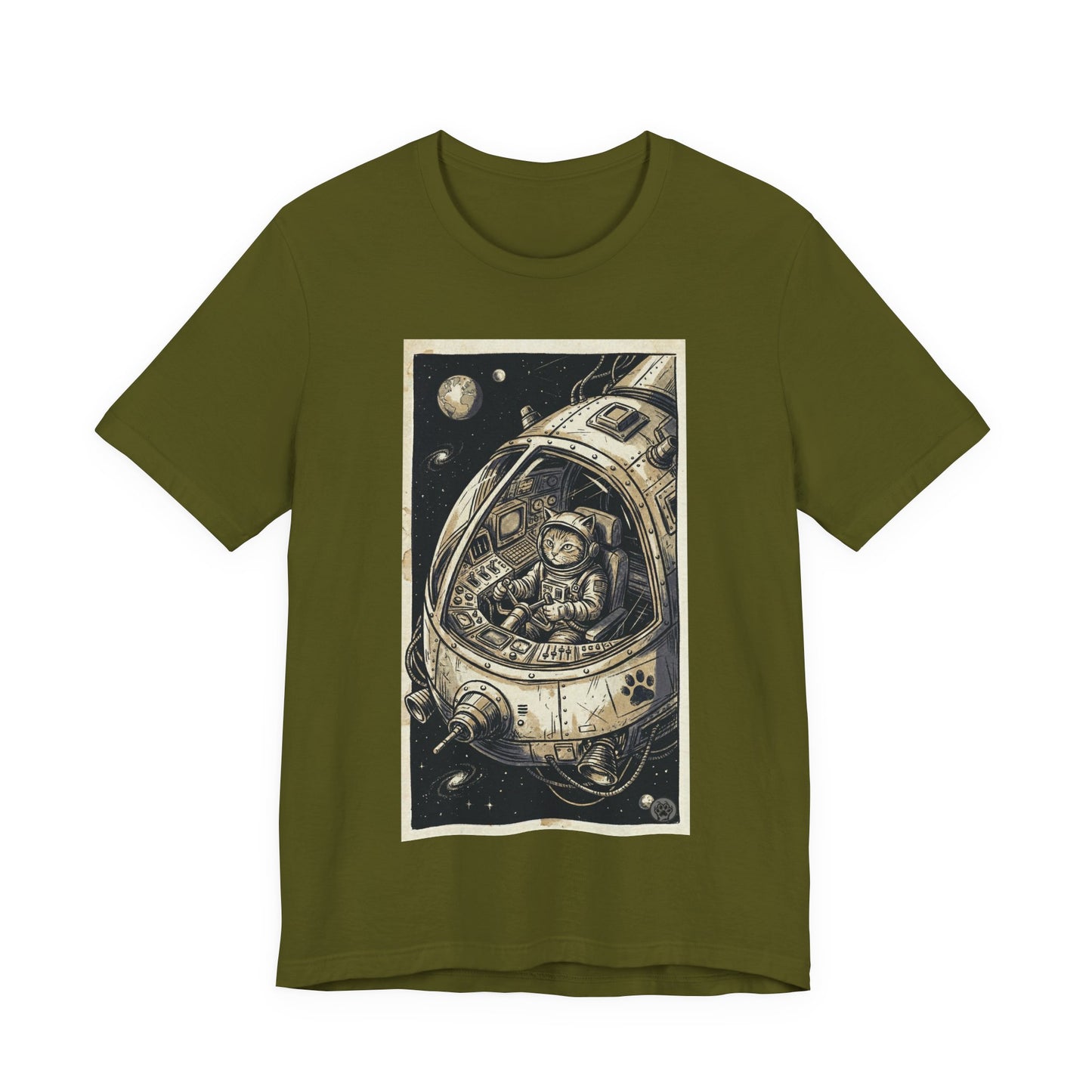 SpaceCat - To The Rescue! - Cat Astronaut in Rocket Capsule Graphic Tee – Vintage Style Space Pilot Illustration