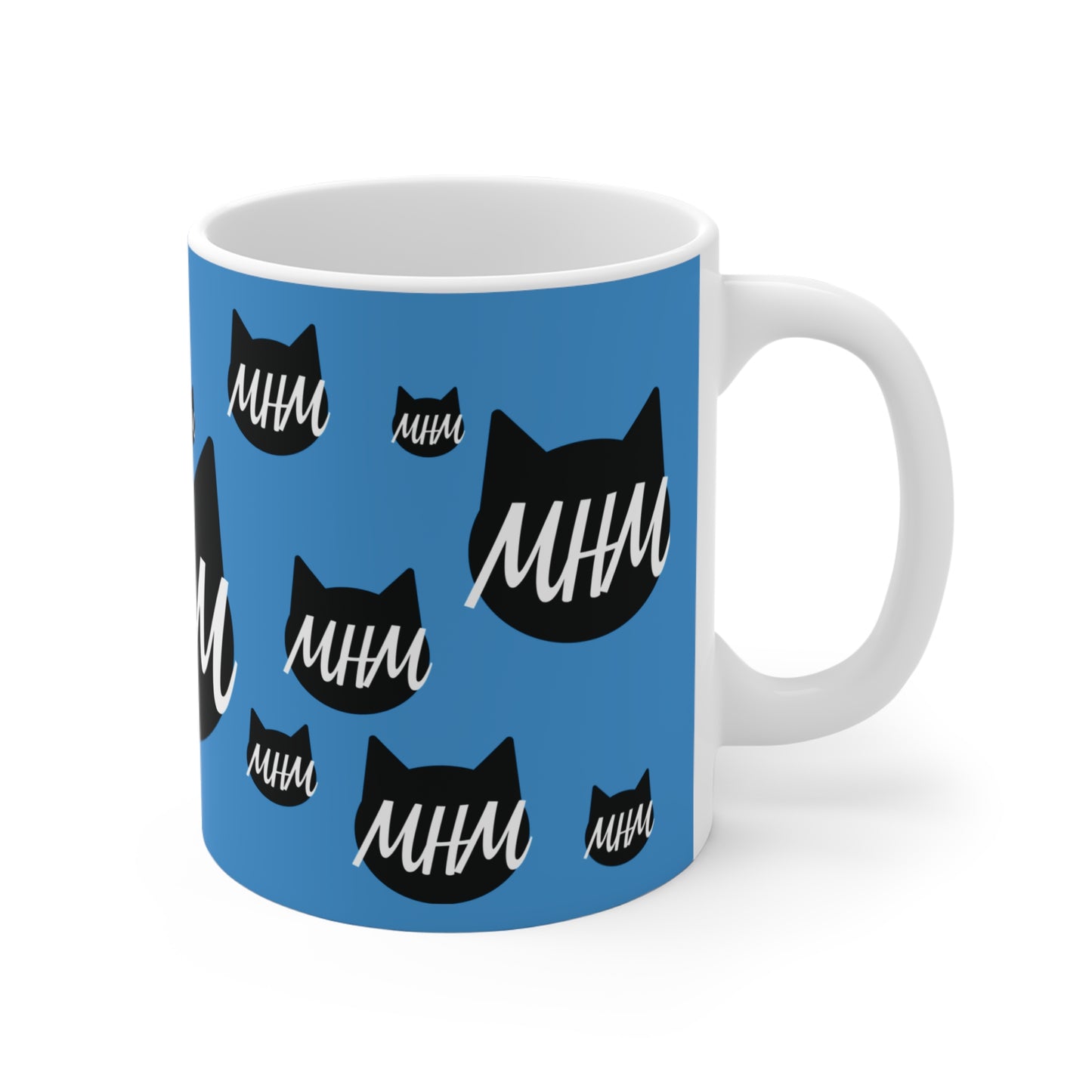 Cat Logo Mug — Blue 'MHM' Pattern 11oz