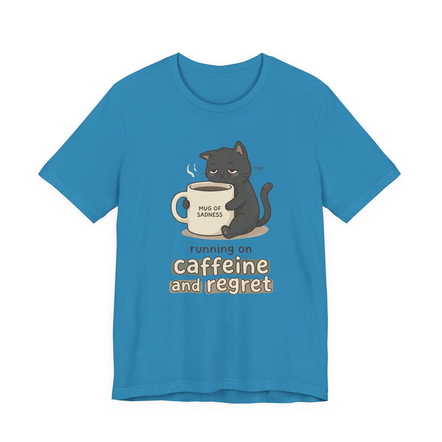 VOID - Caffeinated Cat Tee — "Running on Caffeine and Regret" Cute Coffee Cat Graphic T-Shirt