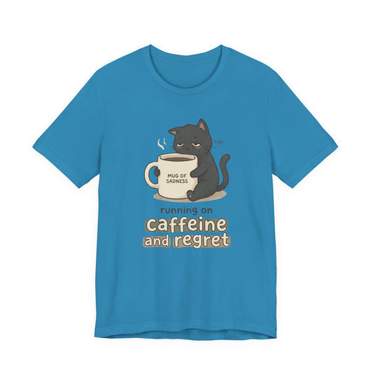 VOID - Caffeinated Cat Tee — "Running on Caffeine and Regret" Cute Coffee Cat Graphic T-Shirt