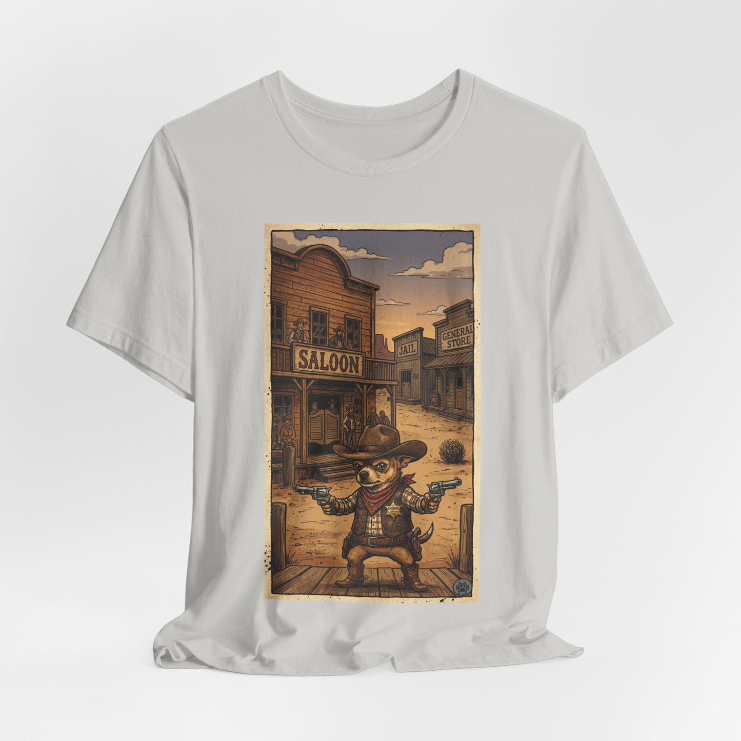 SheriffPaco - Vertical - Chihuahua Sheriff Western Saloon Showdown T-Shirt — Vintage Cowboy Sheriff Puppy Dog Graphic Tee