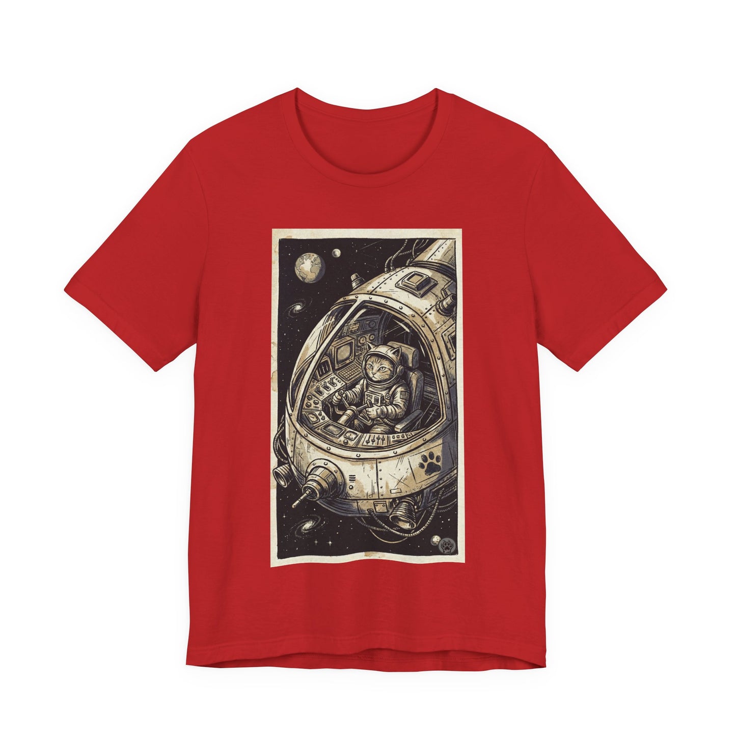 SpaceCat - To The Rescue! - Cat Astronaut in Rocket Capsule Graphic Tee – Vintage Style Space Pilot Illustration