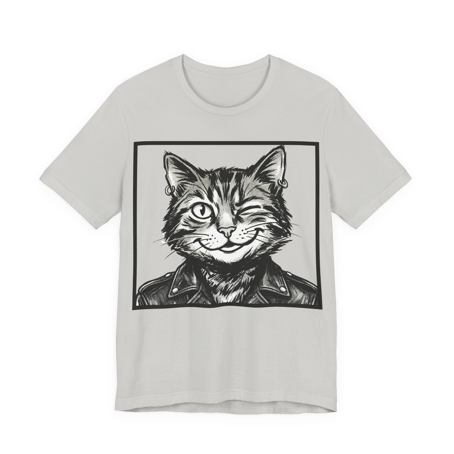 WinkyCat - Leather Jacket (NO Gesture) - Winking Cat Portrait Tee – Retro Rocker Biker Cat Graphic T-Shirt