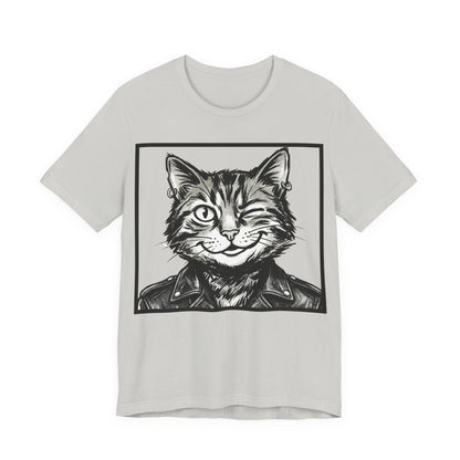 WinkyCat - Leather Jacket (NO Gesture) - Winking Cat Portrait Tee – Retro Rocker Biker Cat Graphic T-Shirt