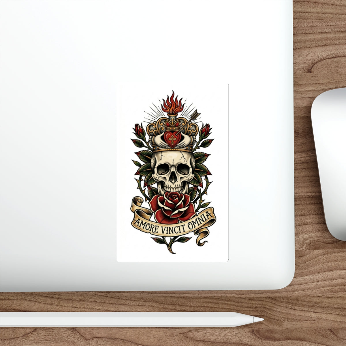 AVO-2 Claddagh Crown - Skull & Rose Die-Cut Sticker — 'Amore Vincit Omnia' Gothic Vintage Tattoo Design