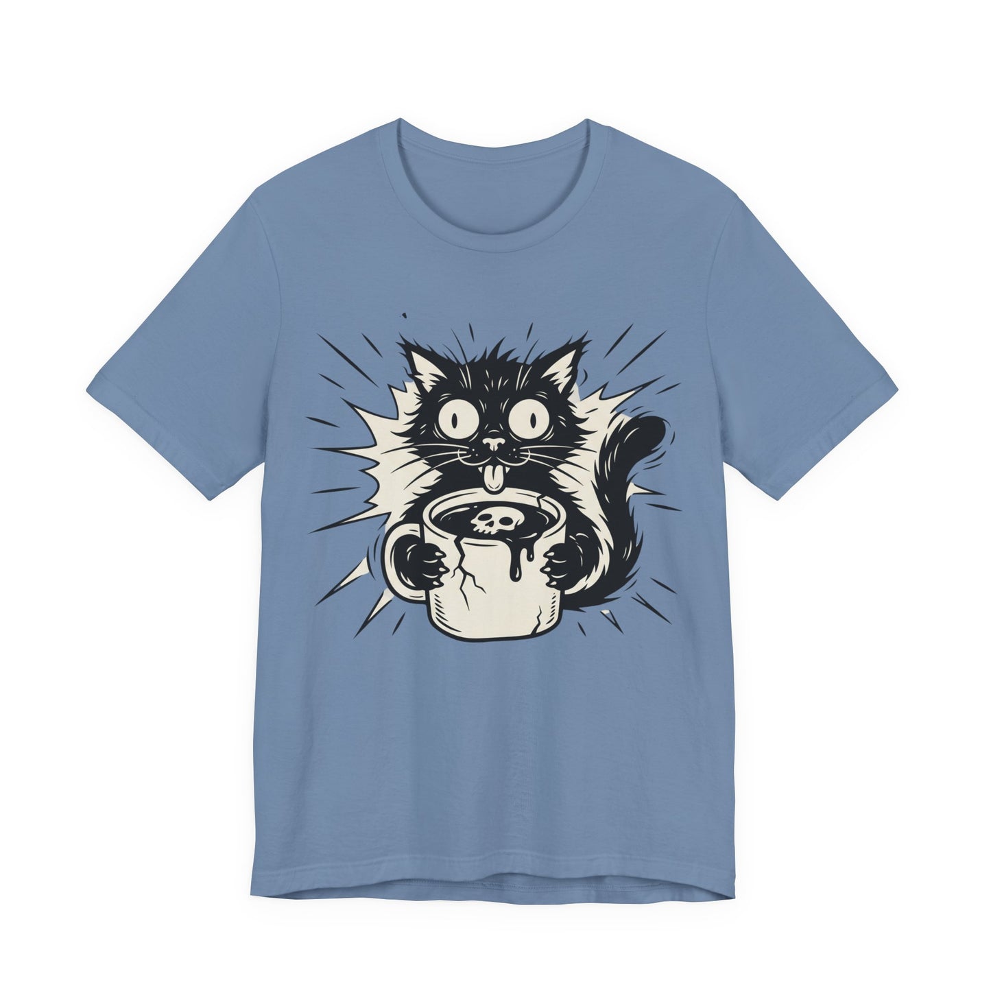 VOID - Cat & Coffee Tee — Cute Crazy Cat Holding Mug Graphic T-Shirt