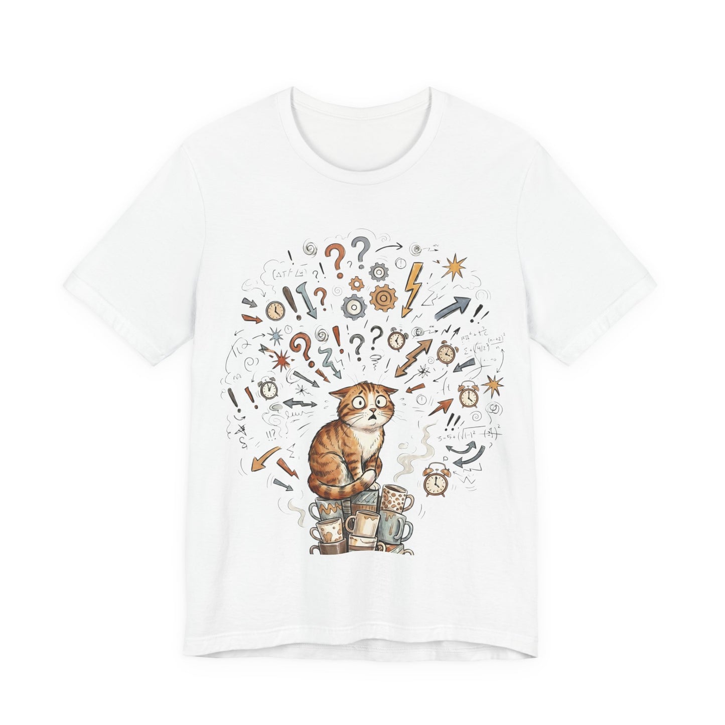 VOID - Overwhelmed! Coffee Cat Tee — Cute Cat with Question Marks Graphic T-Shirt