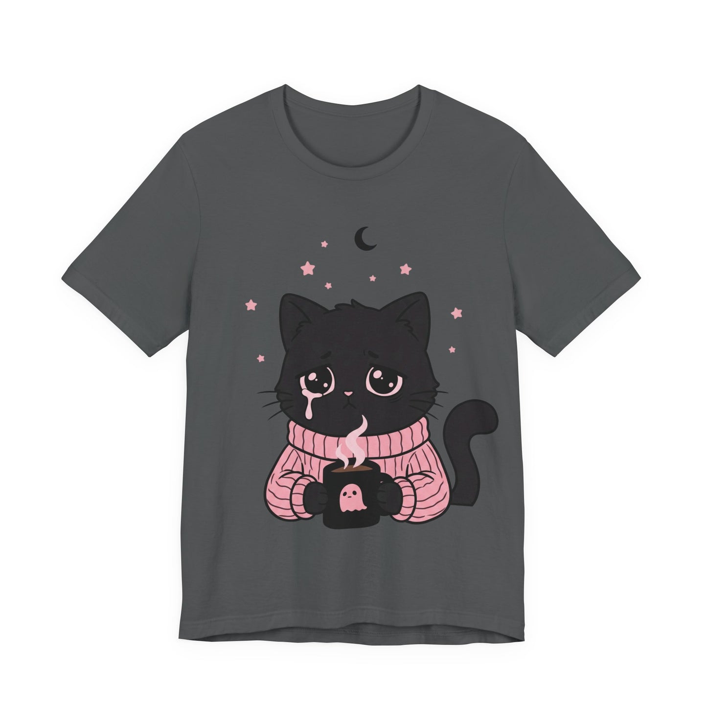 VOID - Cute Sad Black Cat Holding Hot Coffee T‑Shirt — Cozy Pink Sweater Kitty Tee