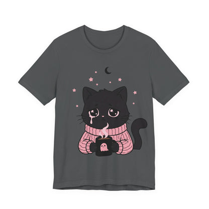 VOID - Cute Sad Black Cat Holding Hot Coffee T‑Shirt — Cozy Pink Sweater Kitty Tee