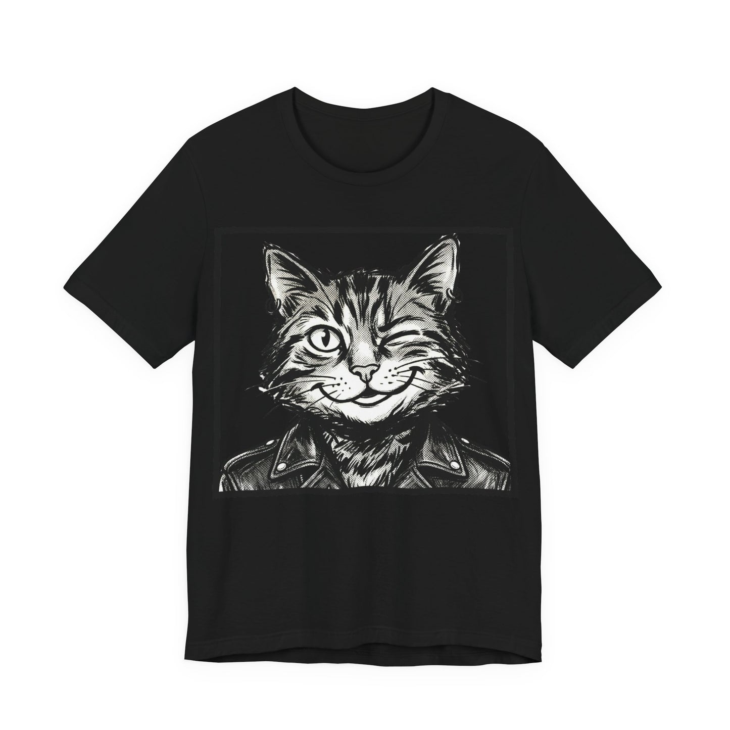 WinkyCat - Leather Jacket (NO Gesture) - Winking Cat Portrait Tee – Retro Rocker Biker Cat Graphic T-Shirt