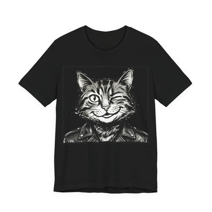 WinkyCat - Leather Jacket (NO Gesture) - Winking Cat Portrait Tee – Retro Rocker Biker Cat Graphic T-Shirt