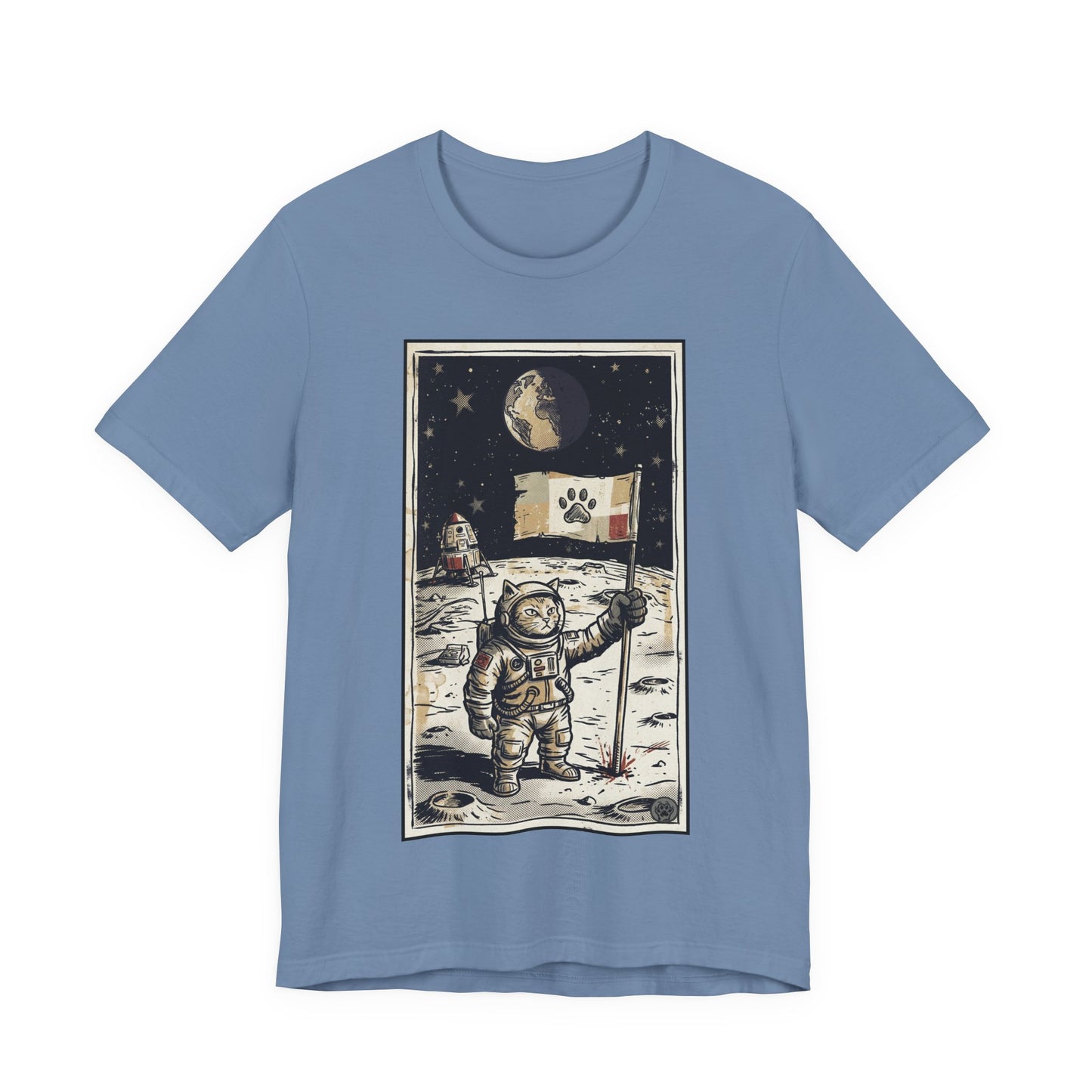 SpaceCat - Conquers The Moon! - Astronaut Cat Moon T-Shirt — Vintage Styled Space Kitty Flag Tee