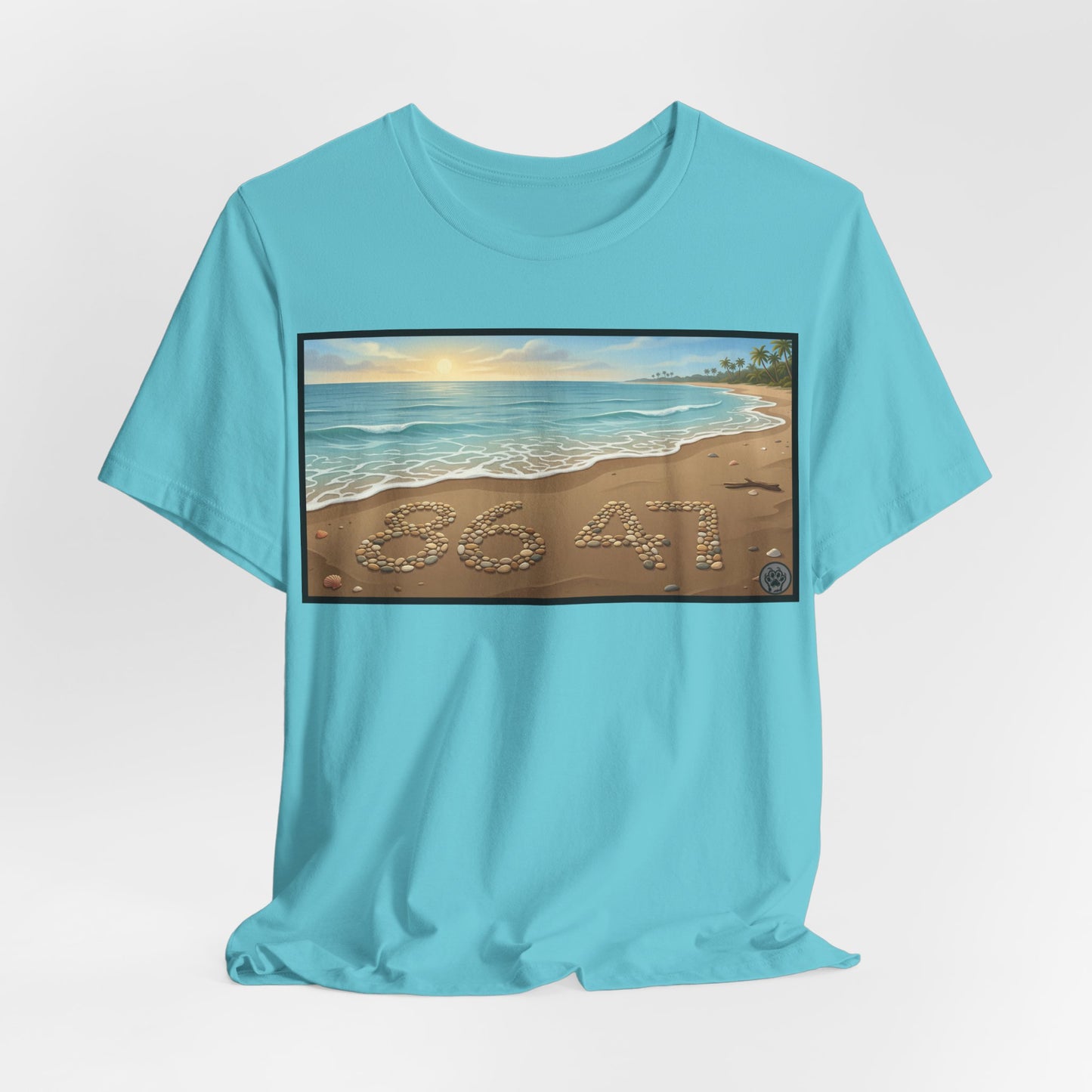 A Nice Day At The Beach - Horizontal V2 - Beach Sunset T-Shirt with '86 47' Sand Art – Coastal Vacation Tee