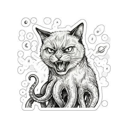 AlienCat In Space! - Mutant Creature Die-Cut Sticker — Black & White Gothic Cat with Octopus Tentacles