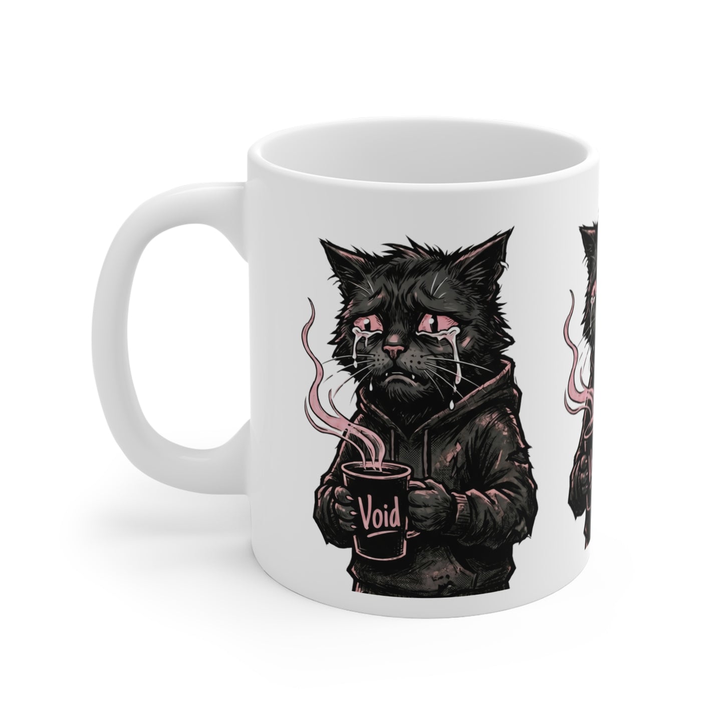 VOID - 11oz Ceramic Mug — Goth Black Cat Holding "Void" Coffee (Aesthetic, Moody Gift)