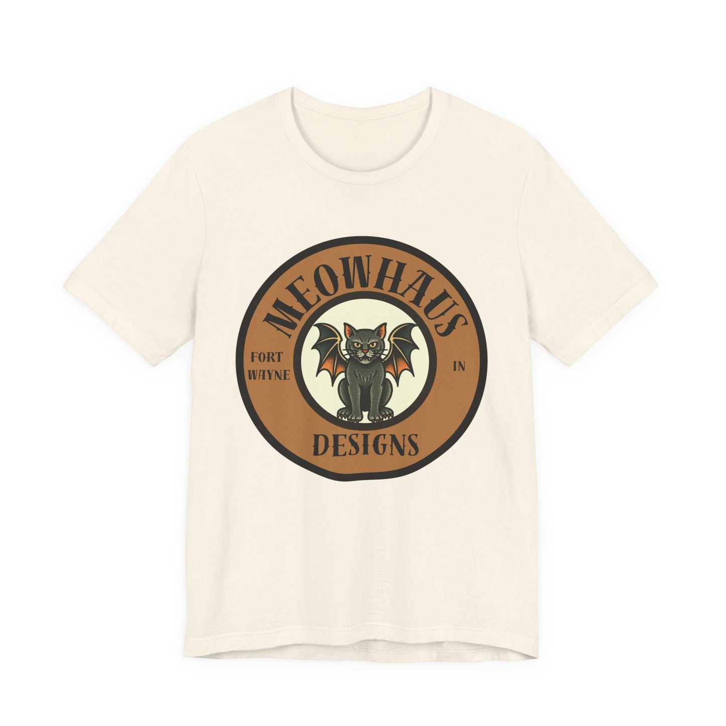 Meowhaus Designs Cat Circle Logo T-Shirt - Vintage Tattoo Cat-Bat Design
